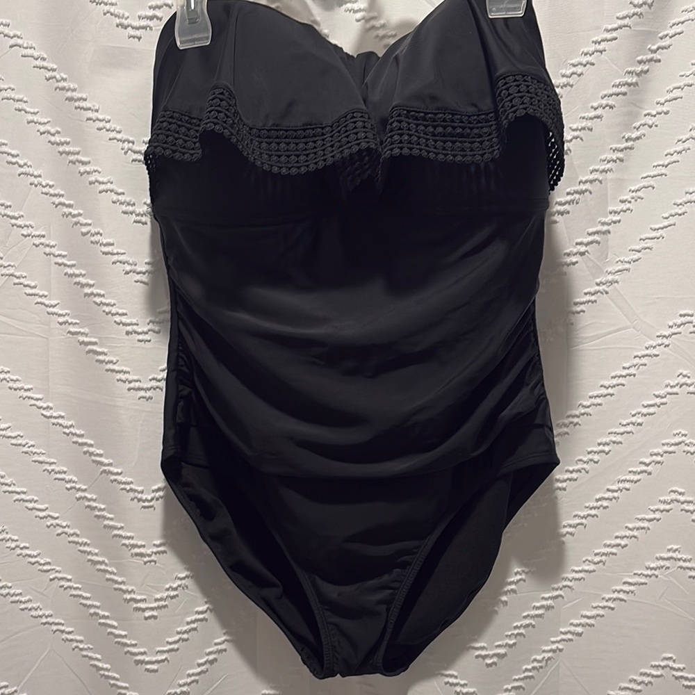 Kona Sol Black One-Piece Swimsuit with Crochet Trim